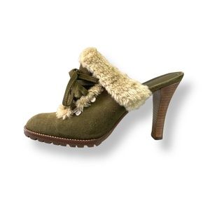 Gianni Bini Green Suede Slip-On Mules Heels Fur Trim Front Laces Size 8